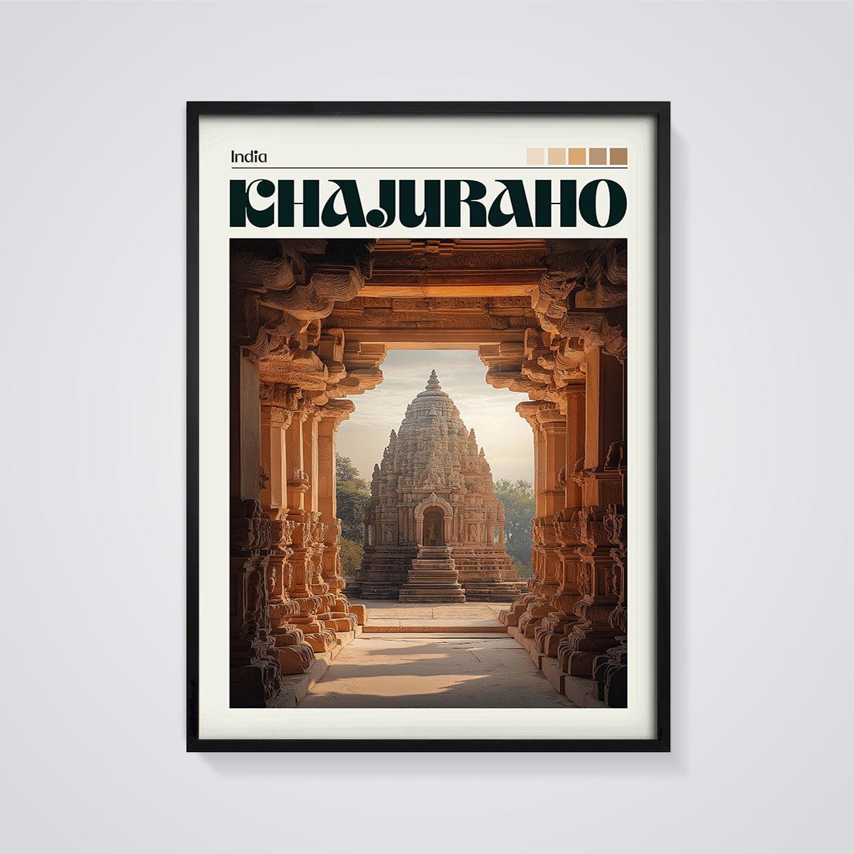 Khajuraho Temple Print framed in black on a grey background