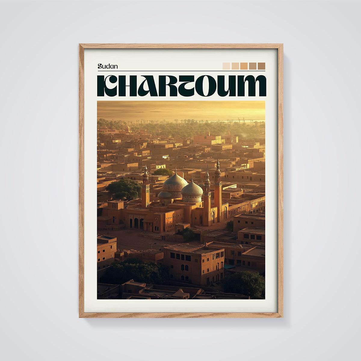 Khartoum Cityscape Print framed in oak on a grey background