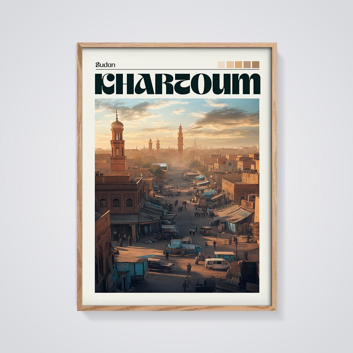 Khartoum Sudan Cityscape Print framed in oak on a grey background