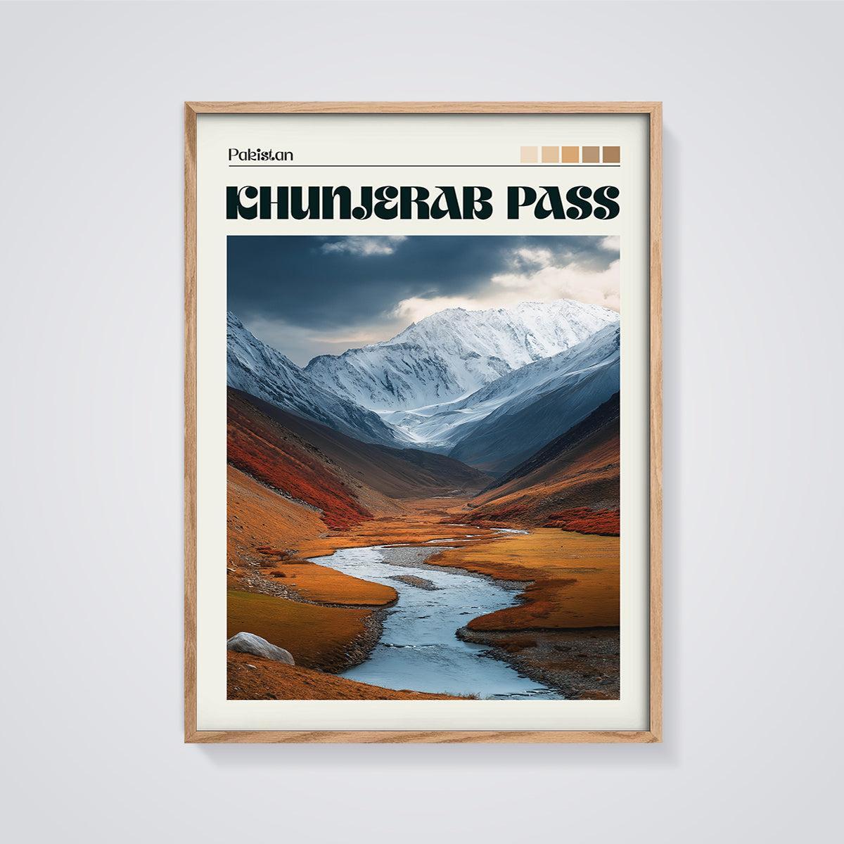 Khunjerab Pass Valley Print framed in oak on a grey background