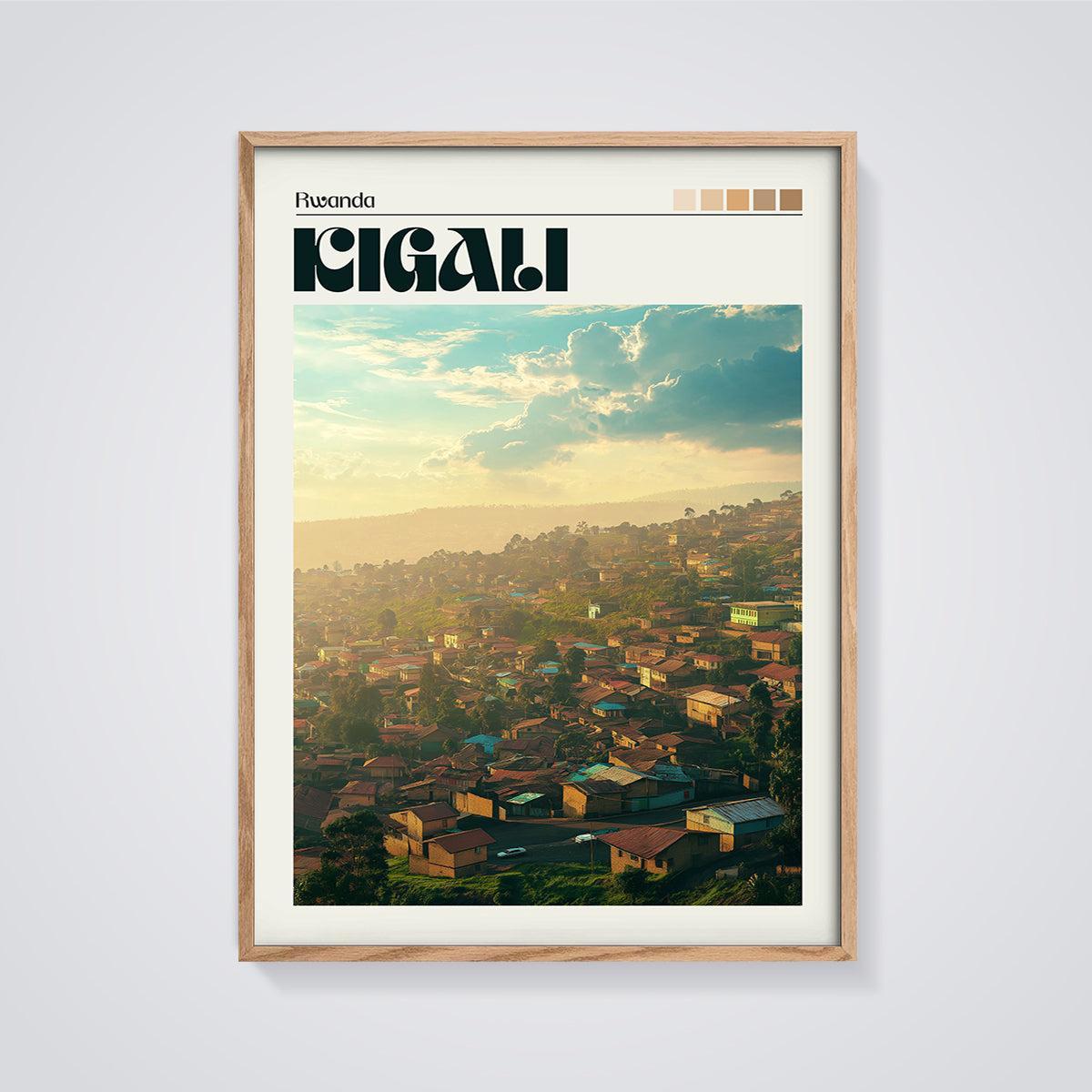 Kigali Sunset Cityscape Print framed in oak on a grey background