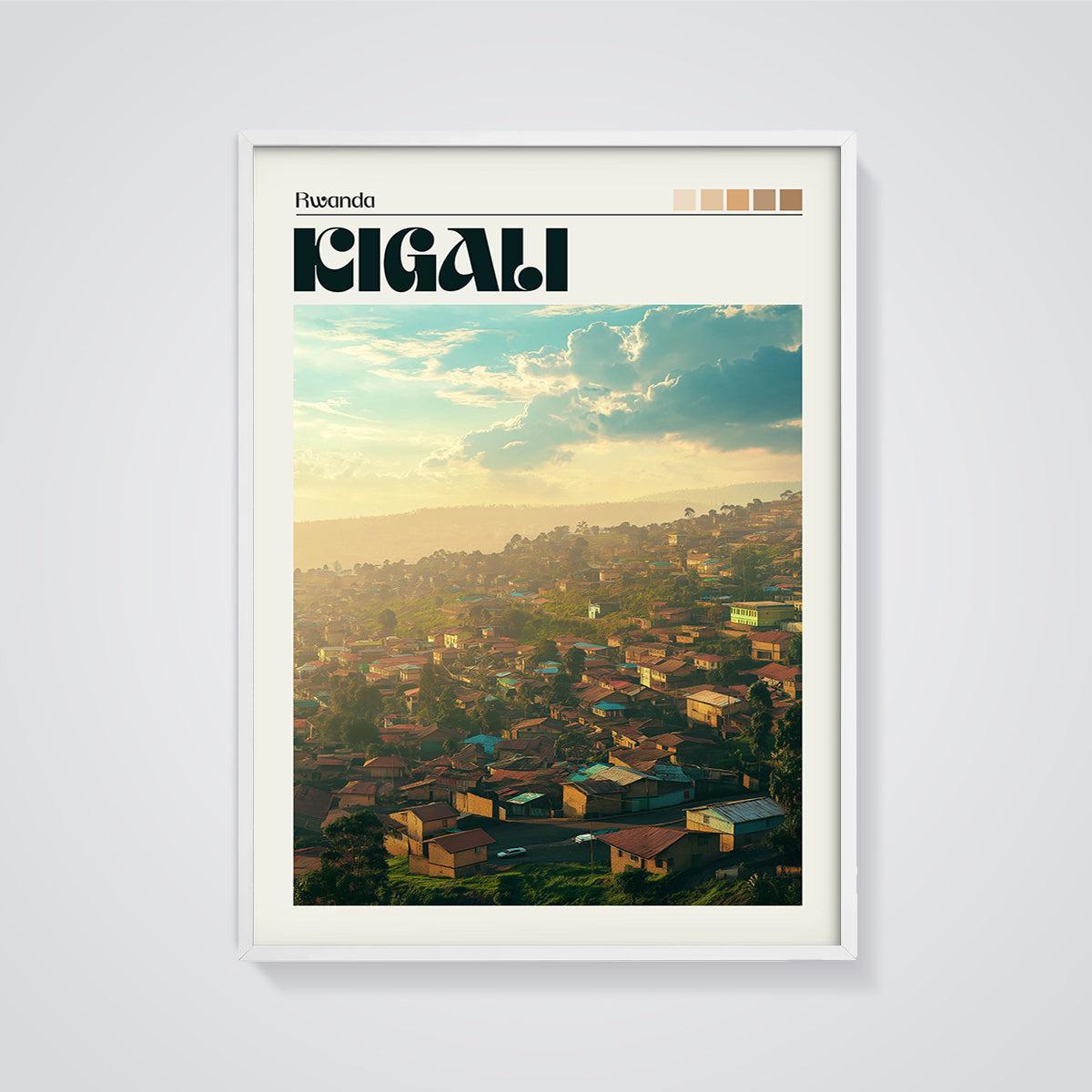 Kigali Sunset Cityscape Print framed in white on a grey background