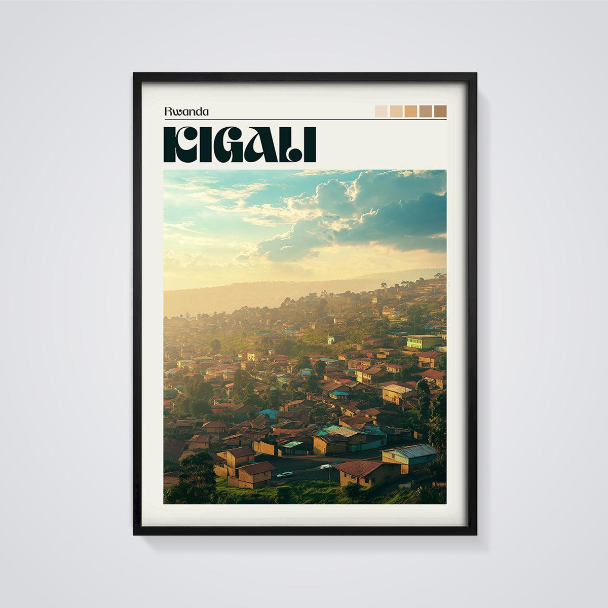 Kigali Sunset Cityscape Print framed in black on a grey background