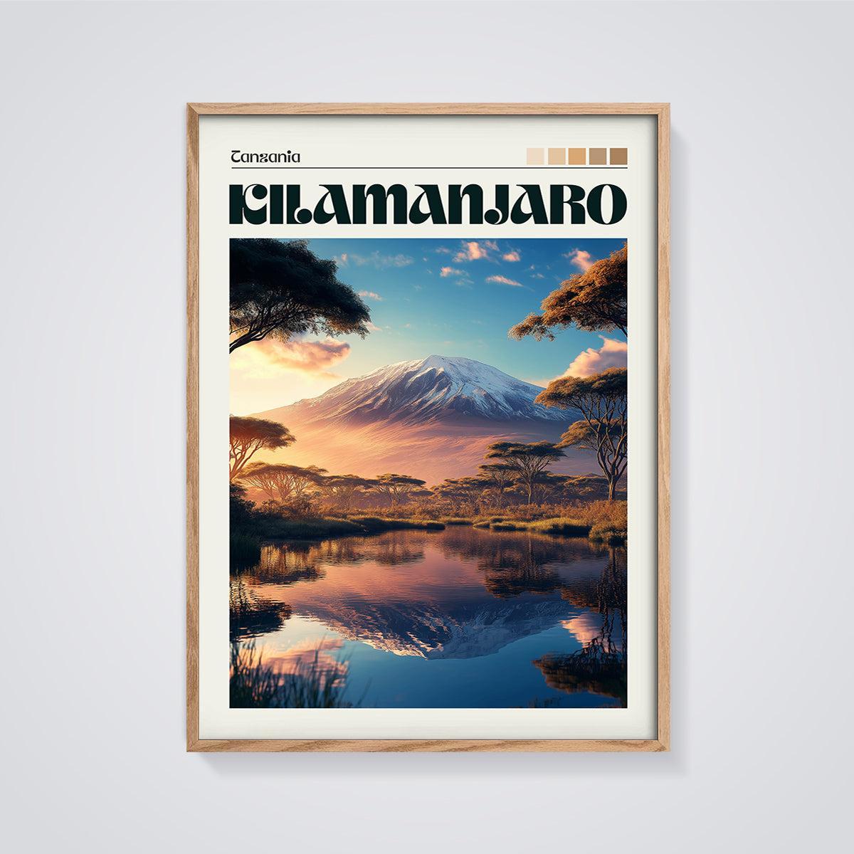 Kilimanjaro Tanzania Print framed in oak on a grey background