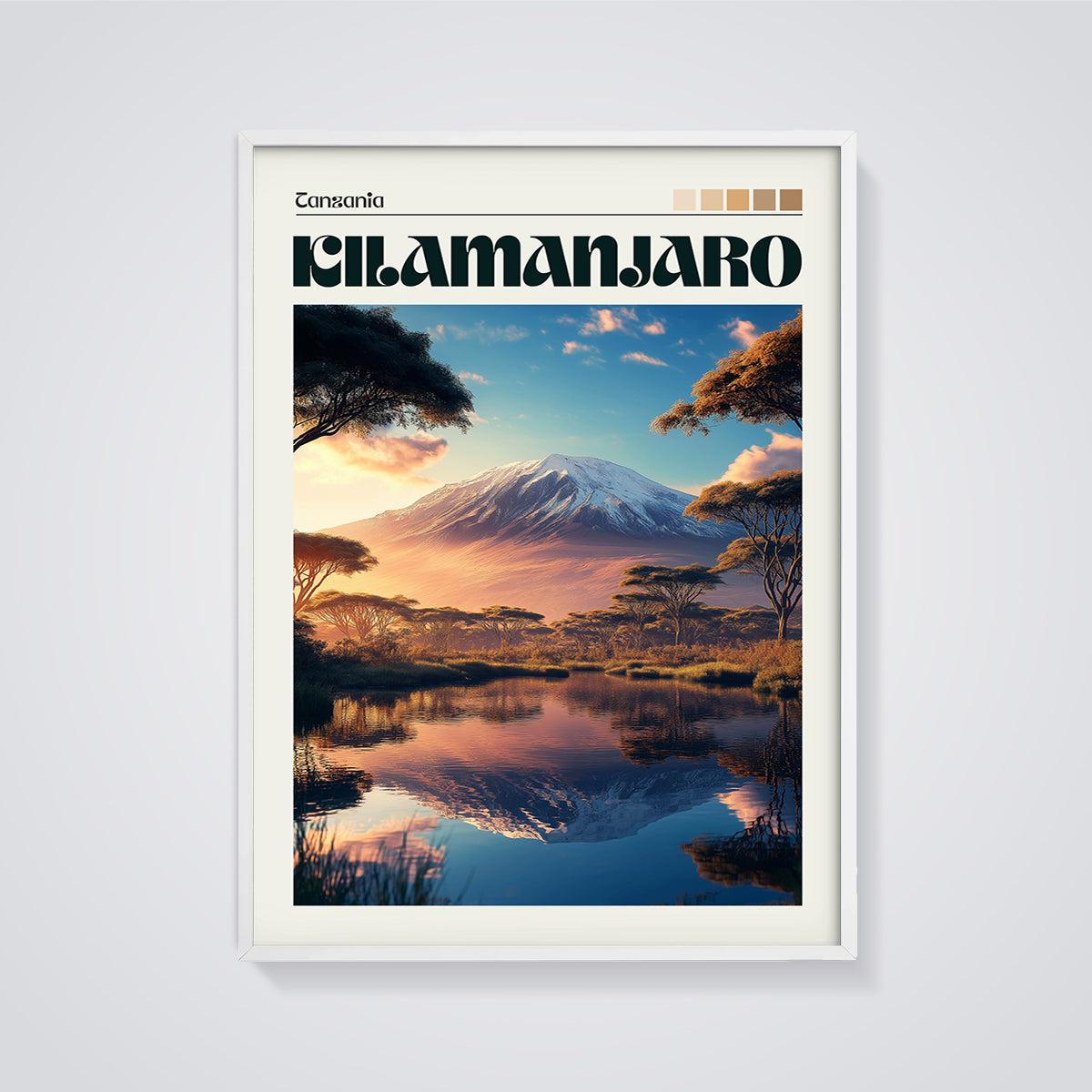 Kilimanjaro Tanzania Print framed in white on a grey background