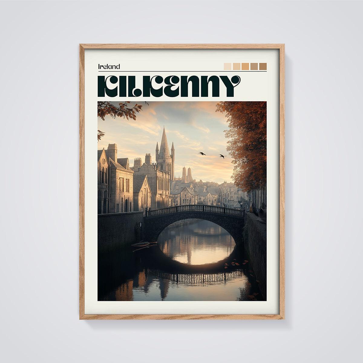Kilkenny Riverside Bridge Print framed in oak on a grey background