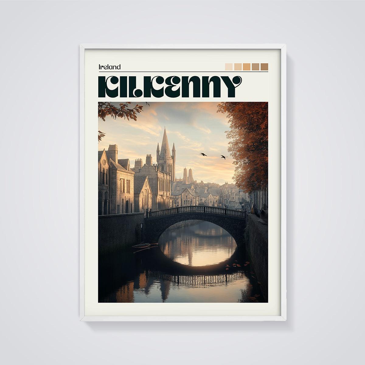 Kilkenny Riverside Bridge Print framed in white on a grey background