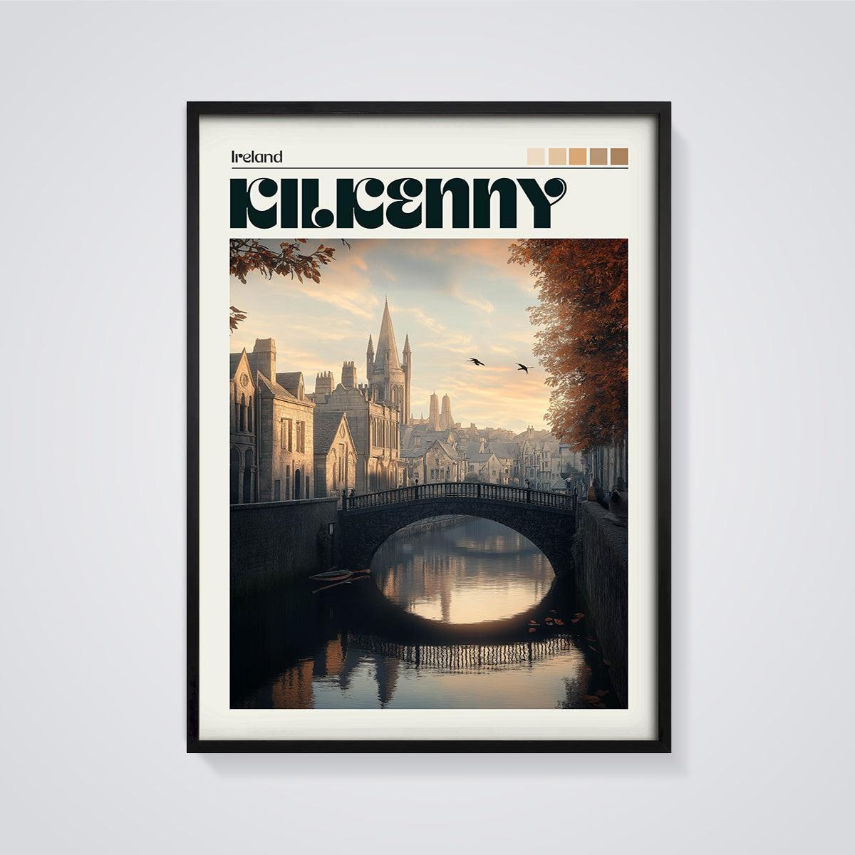 Kilkenny Riverside Bridge Print framed in black on a grey background