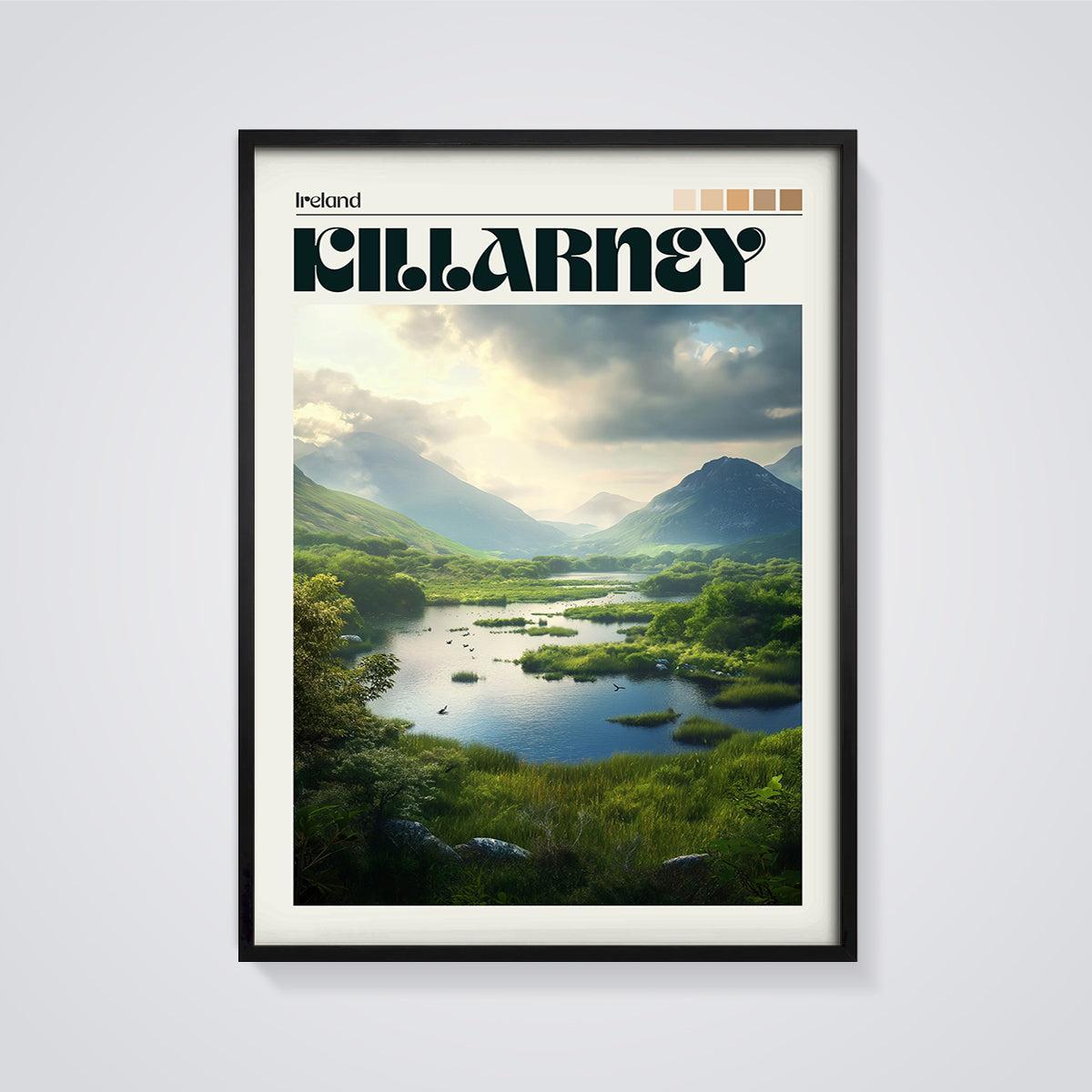 Killarney Valley Landscape Print framed in black on a grey background