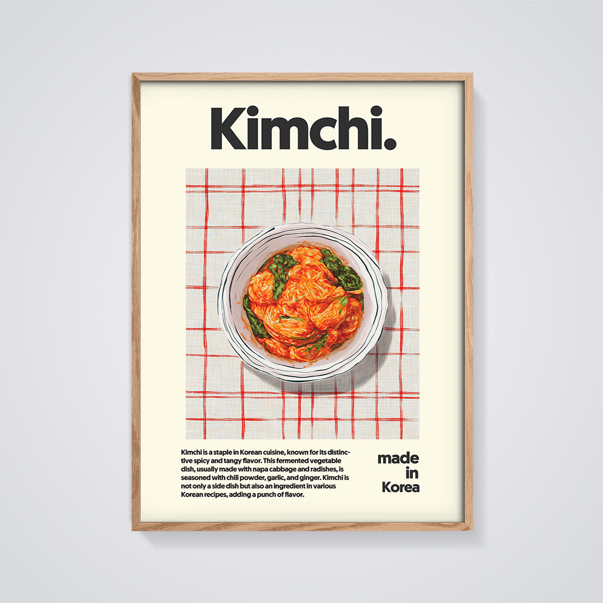 Kimchi Print framed in oak on a grey background
