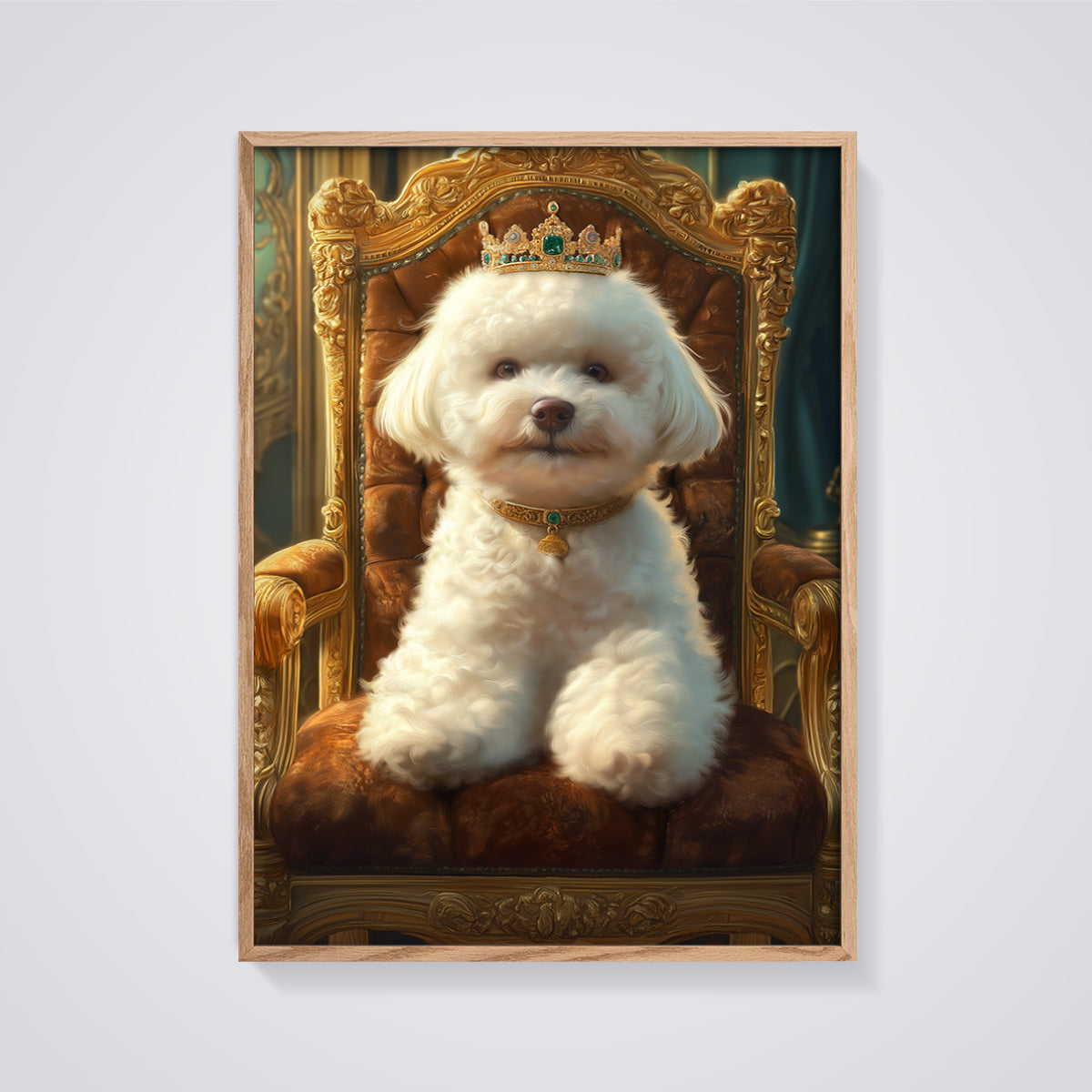 King Bichon Frise Print framed in oak on a grey background