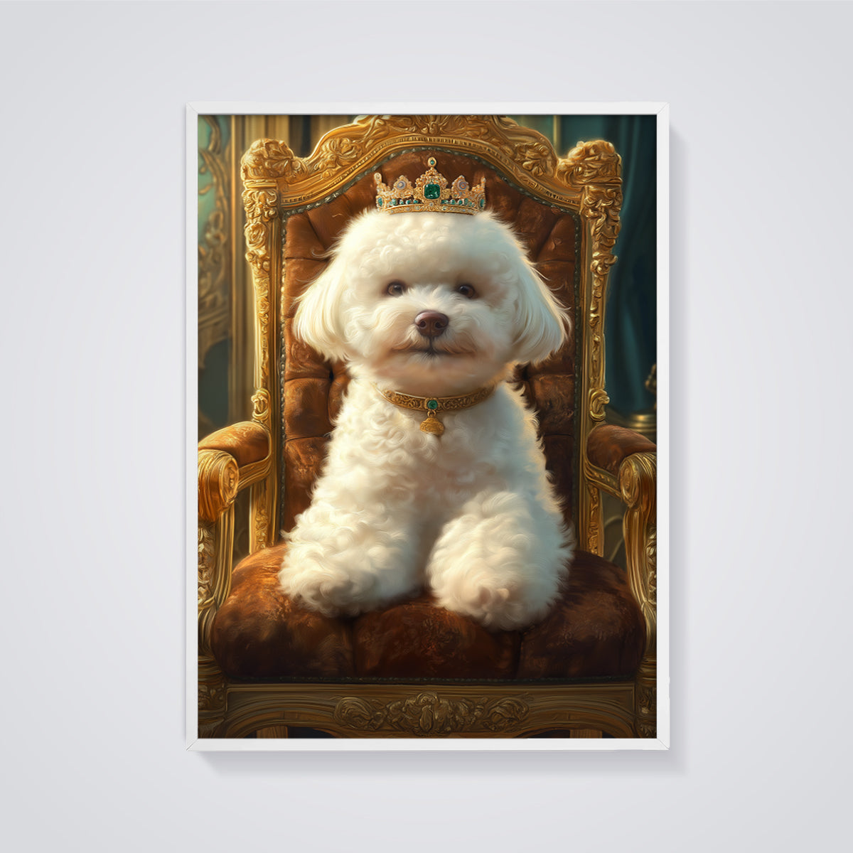 King Bichon Frise Print framed in white on a grey background
