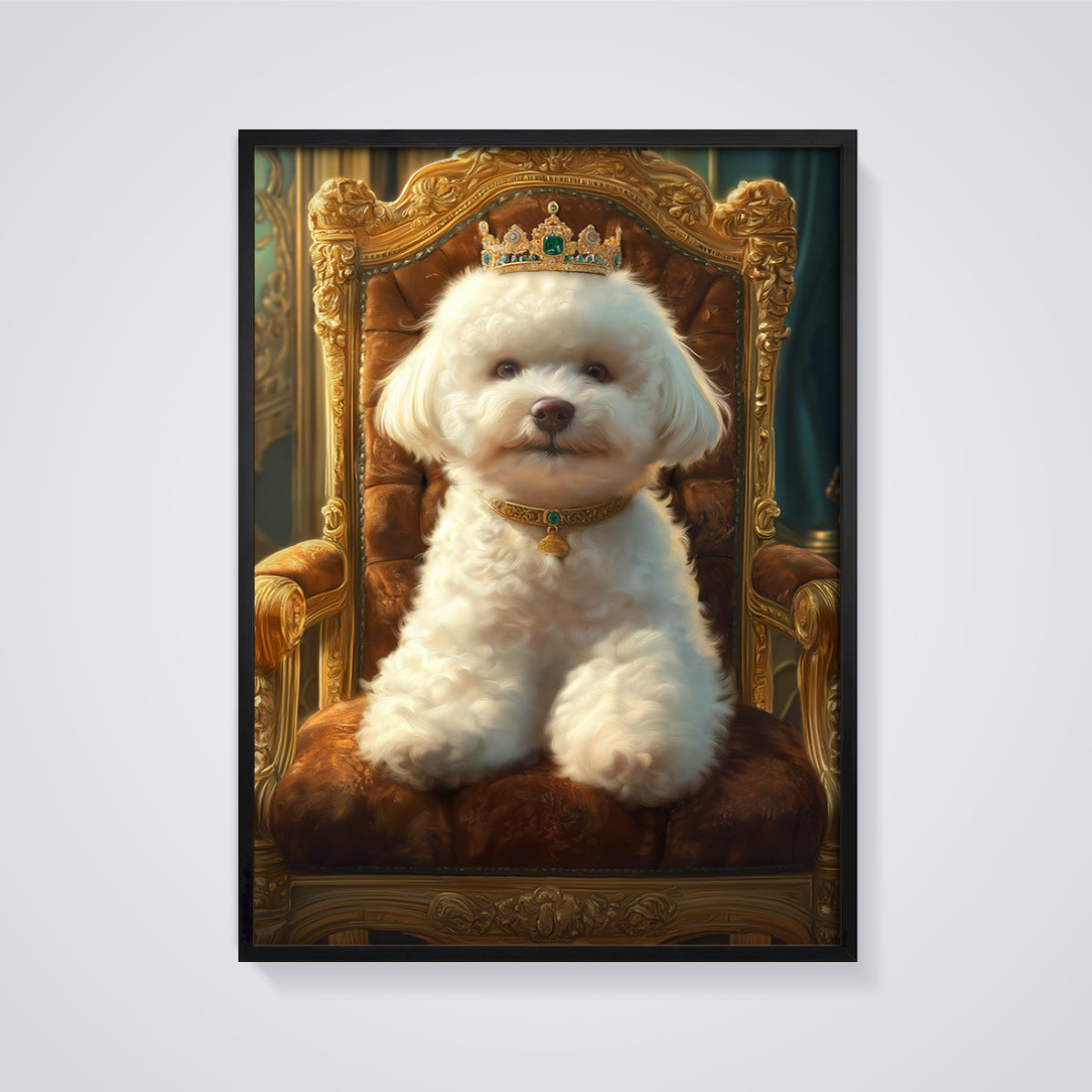 King Bichon Frise Print framed in black on a grey background
