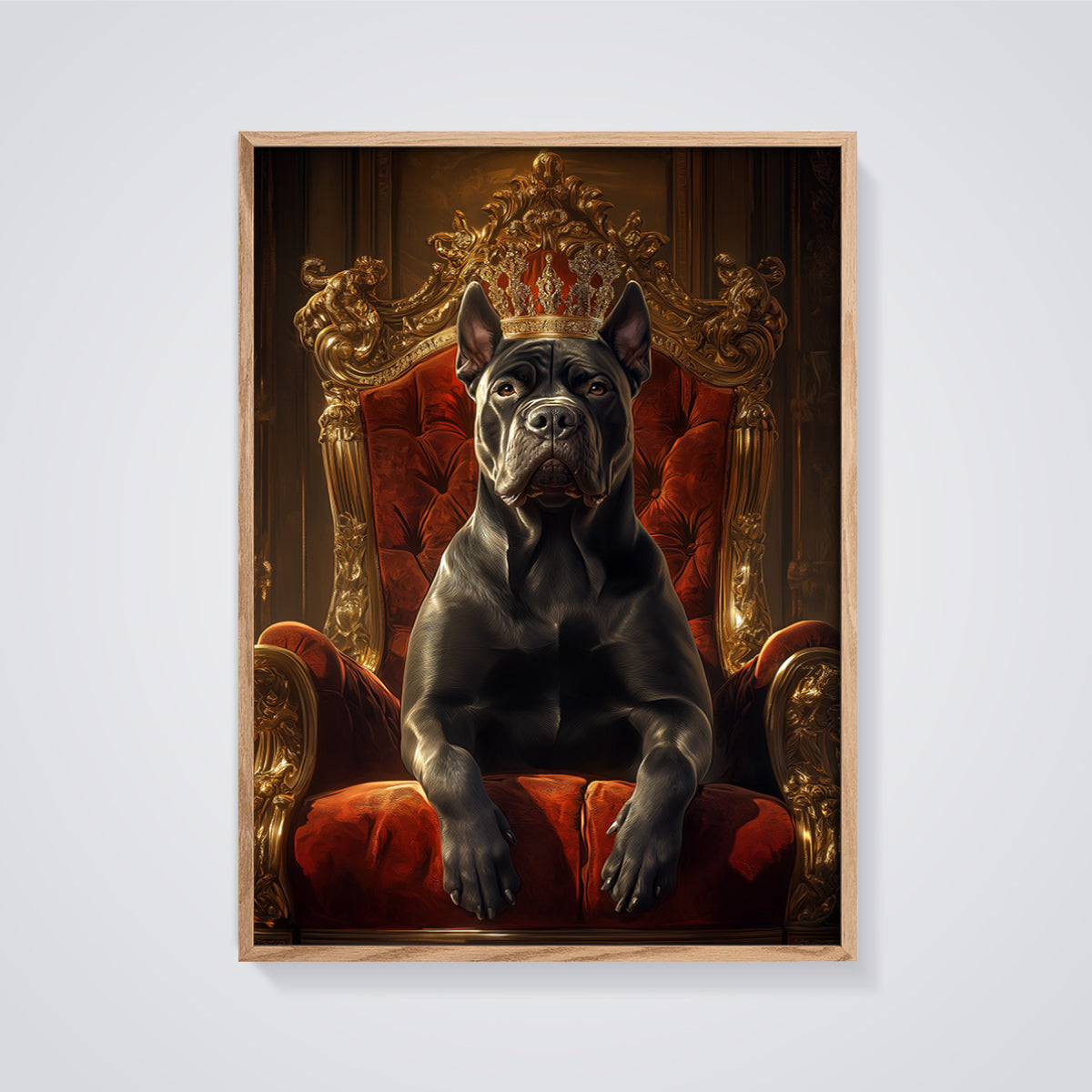 King Cane Corso Throne Print framed in oak on a grey background