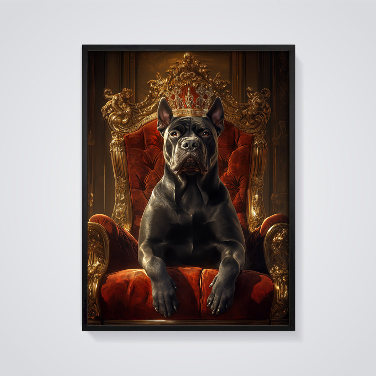 King Cane Corso Throne Print framed in black on a grey background