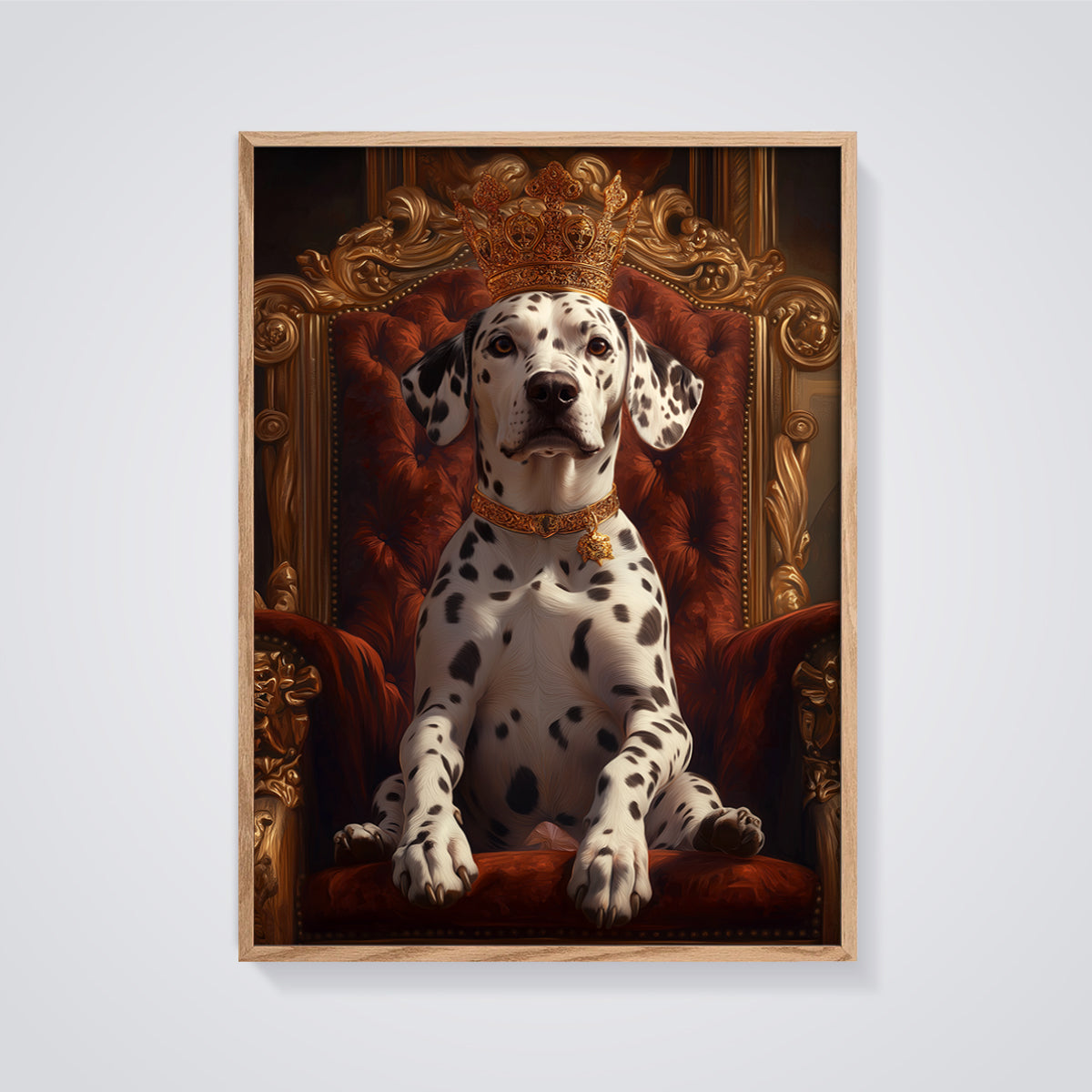 King Dalmatian Throne Print framed in oak on a grey background