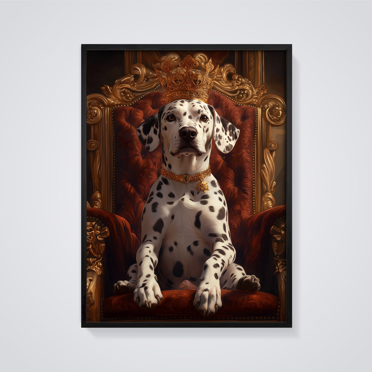 King Dalmatian Throne Print framed in black on a grey background