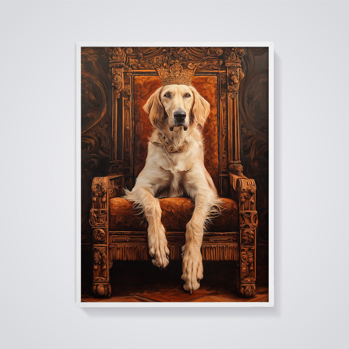 King Dog Throne Print framed in white on a grey background