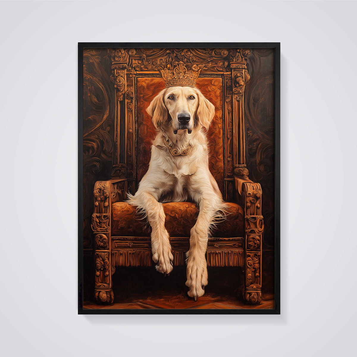 King Dog Throne Print framed in black on a grey background