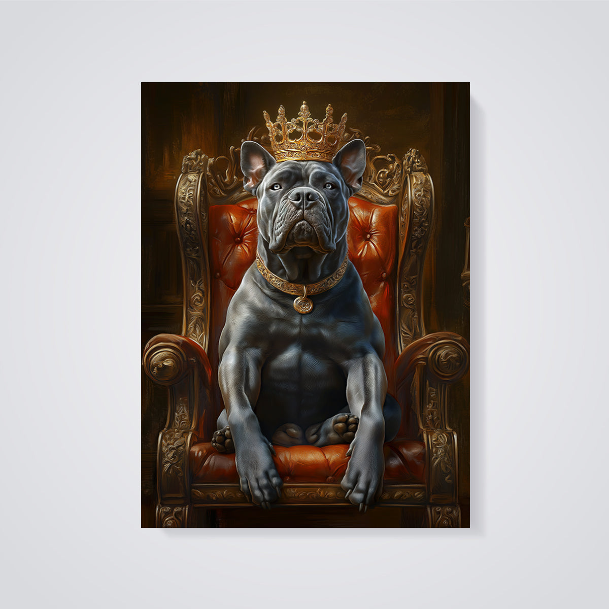 King Dog on Throne Print unframed on a grey background