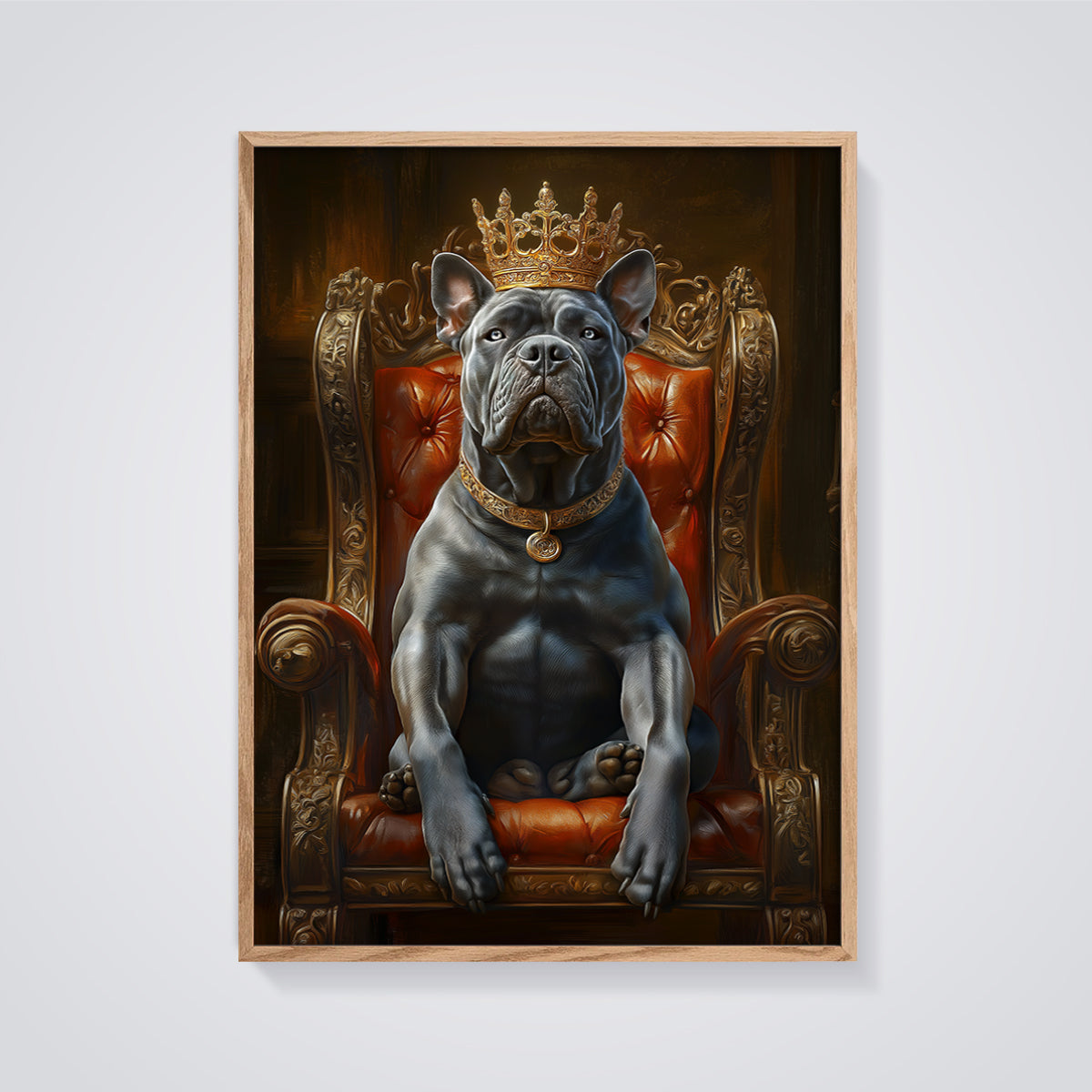 King Dog on Throne Print framed in oak on a grey background
