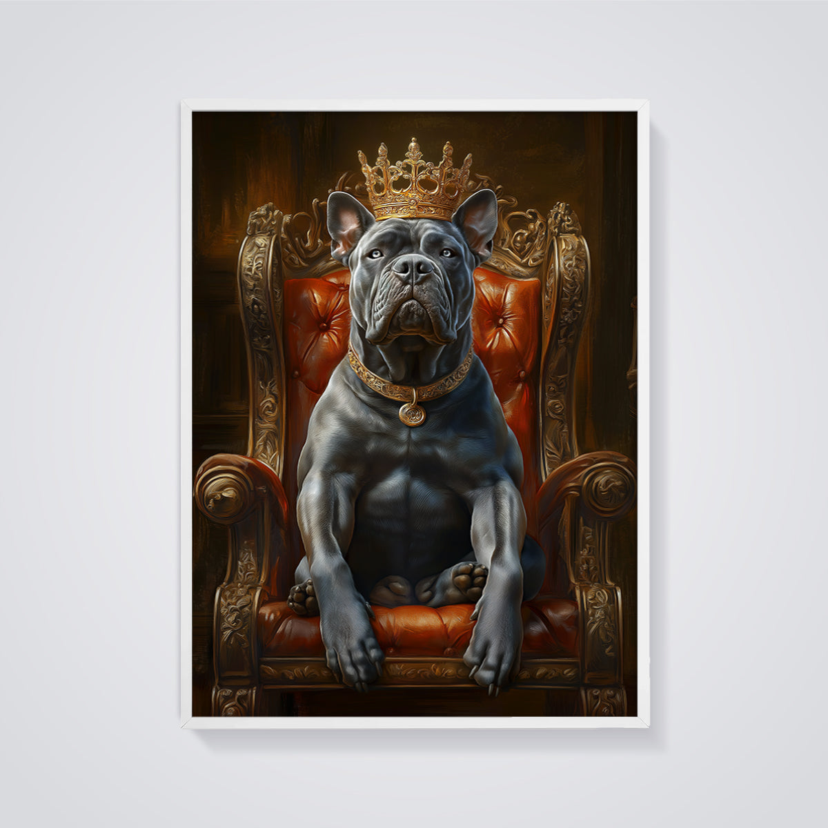 King Dog on Throne Print framed in white on a grey background