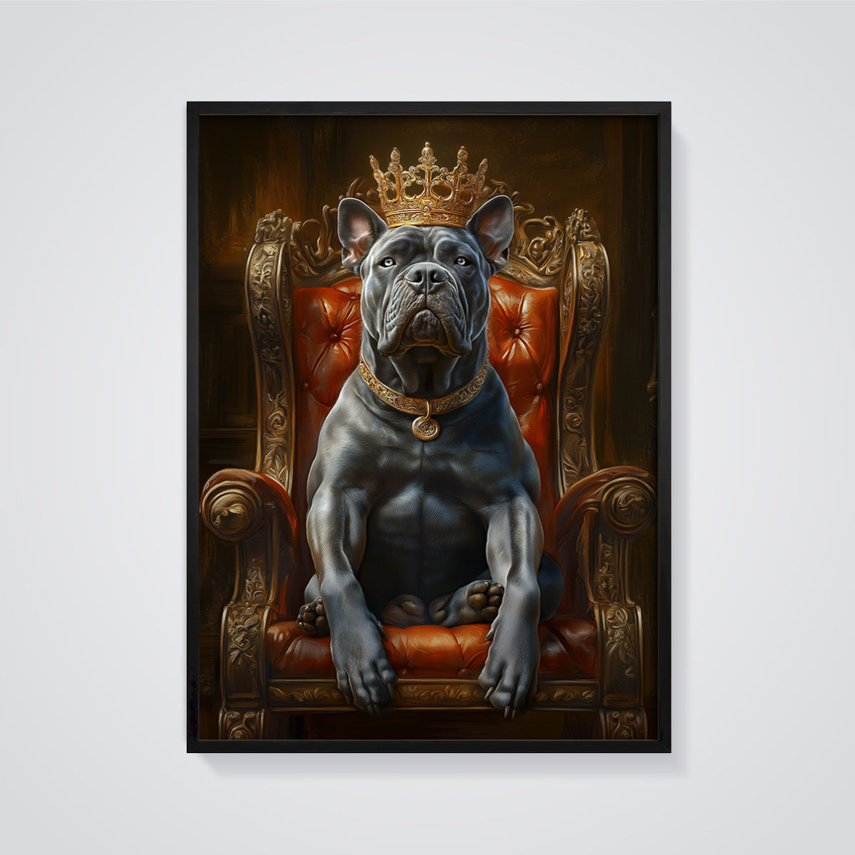 King Dog on Throne Print framed in black on a grey background