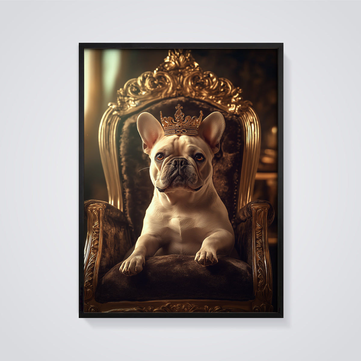King French Bulldog Print framed in black on a grey background