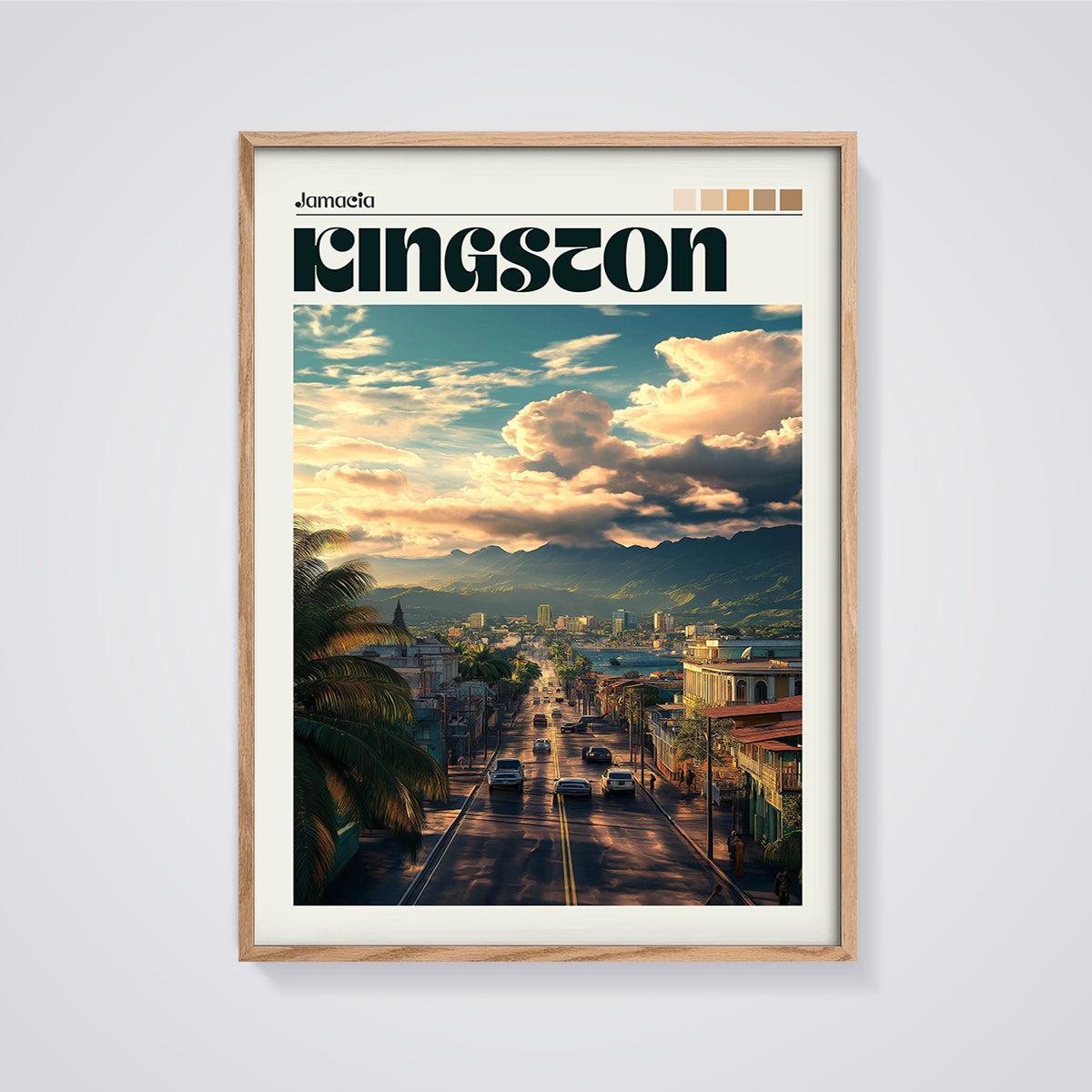 Kingston Jamacia Sunset City Print framed in oak on a grey background