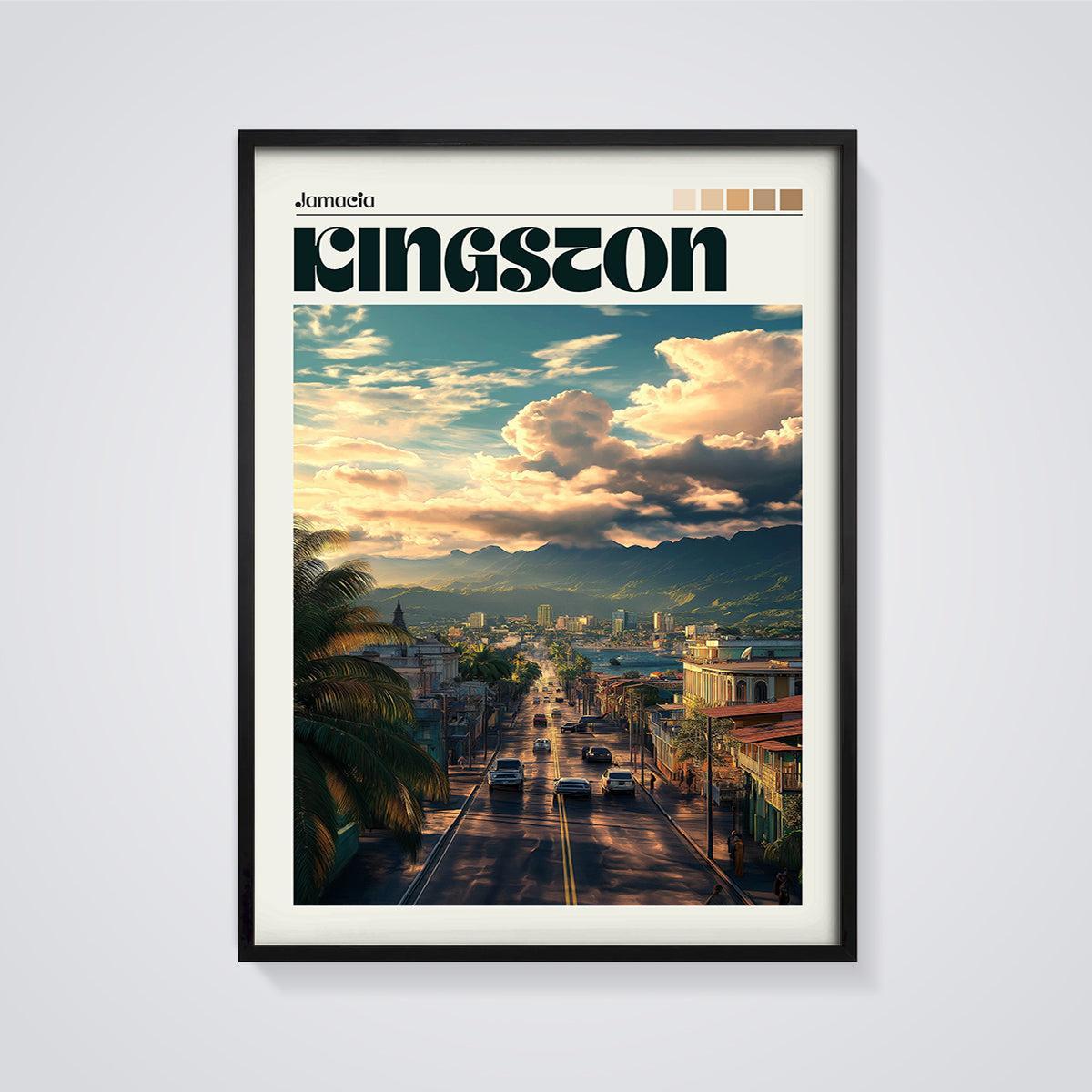 Kingston Jamacia Sunset City Print framed in black on a grey background