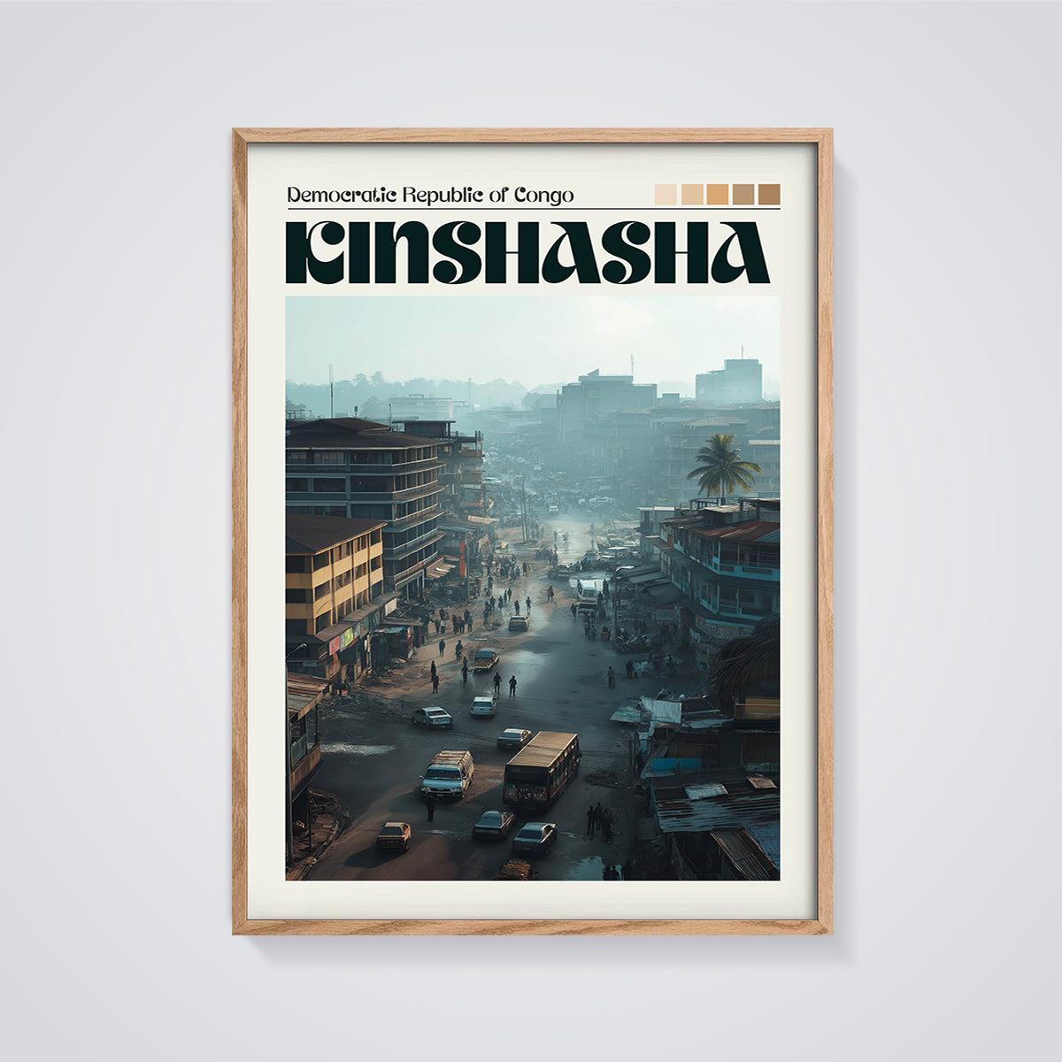 Kinshasa Street Life Print framed in oak on a grey background