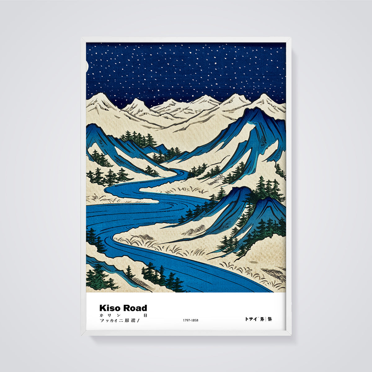 Kiso Road Winter Night Print framed in white on a grey background