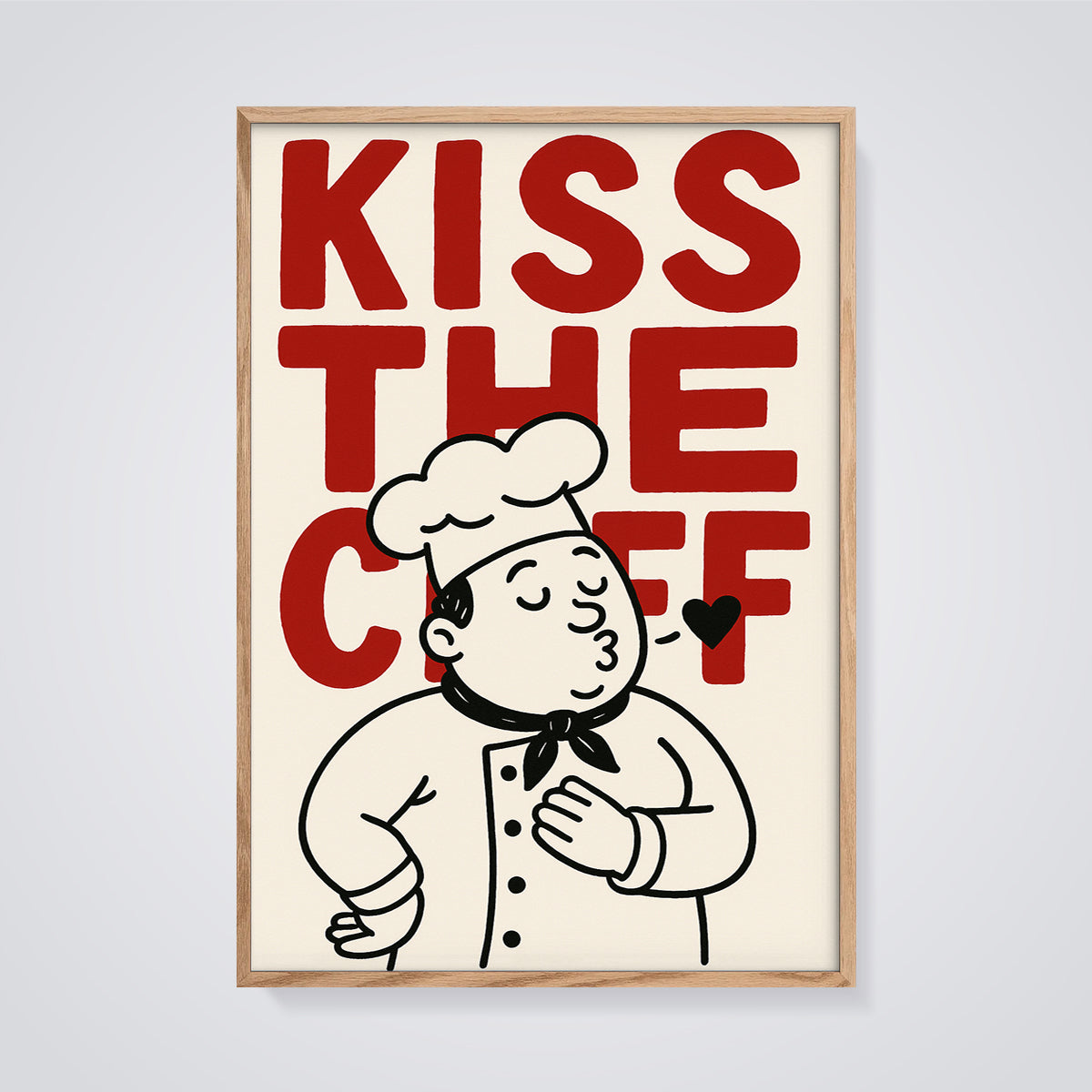 Kiss the Chef Cartoon Print framed in oak on a grey background