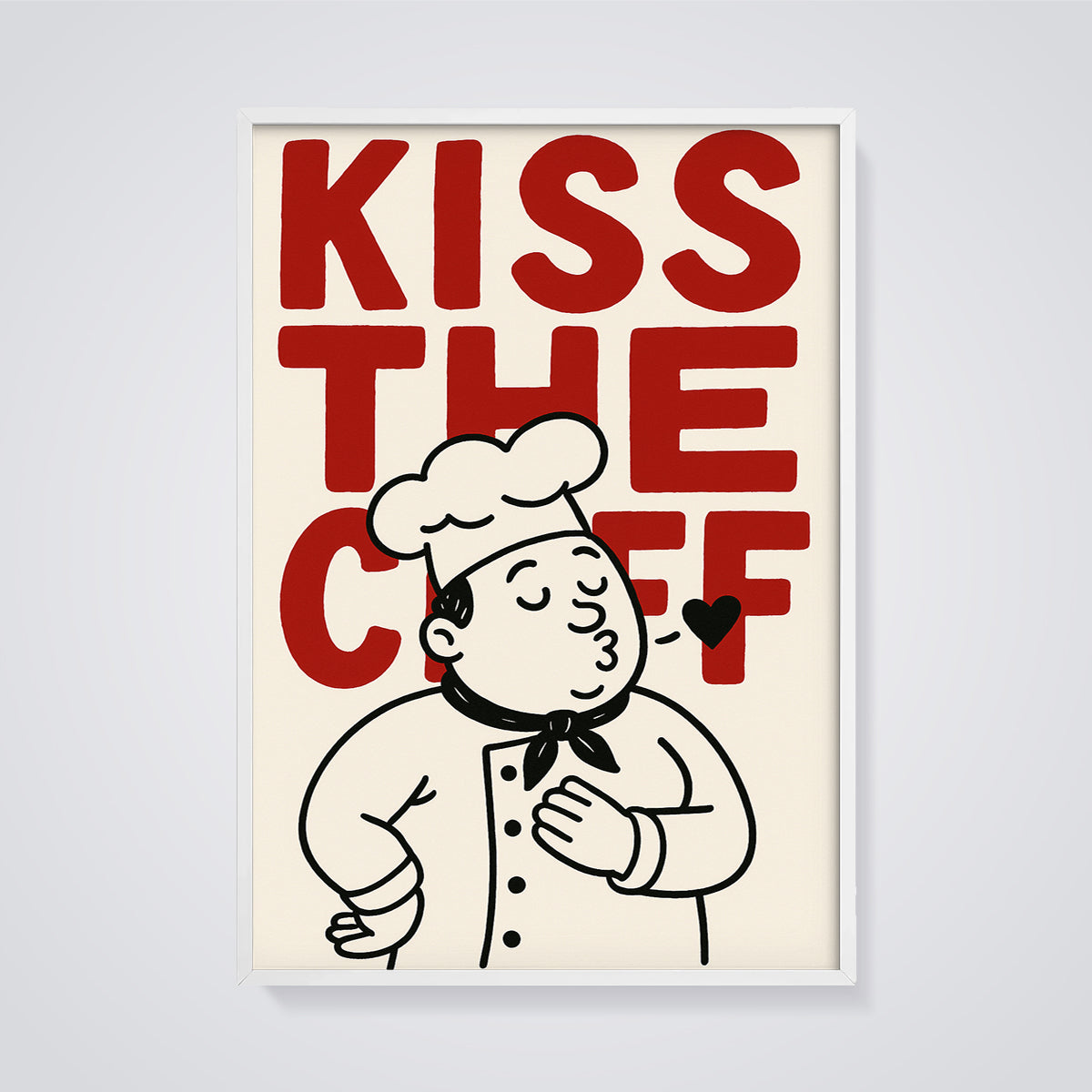 Kiss the Chef Cartoon Print framed in white on a grey background