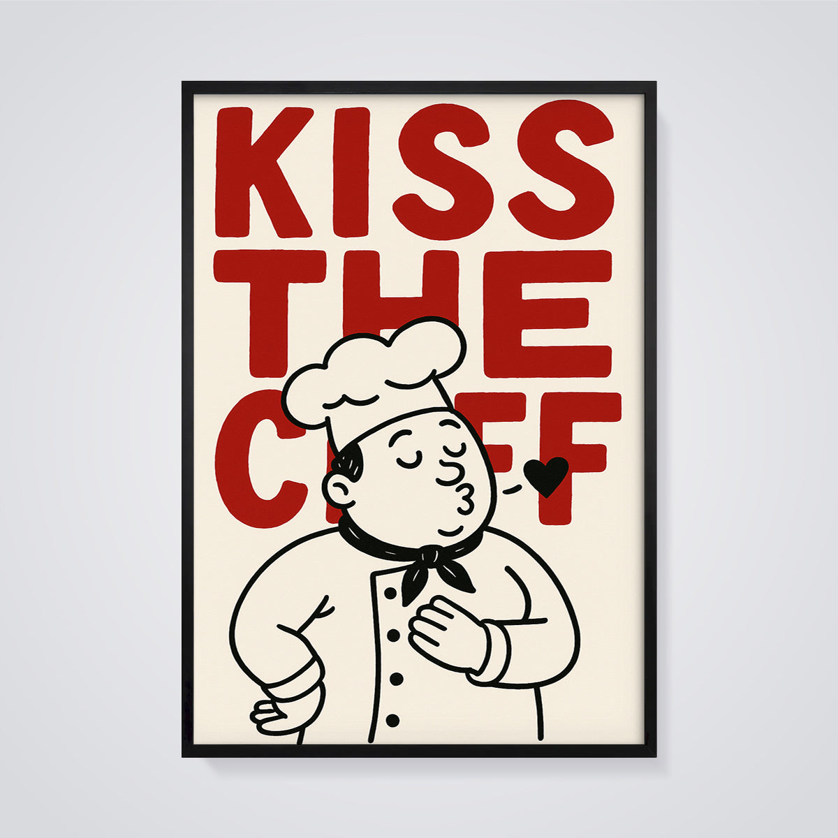 Kiss the Chef Cartoon Print framed in black on a grey background