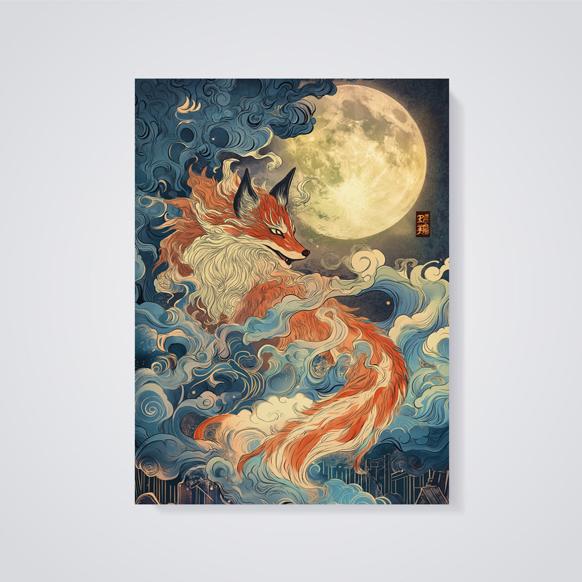 Kitsune Moon Spirit Print unframed on a grey background