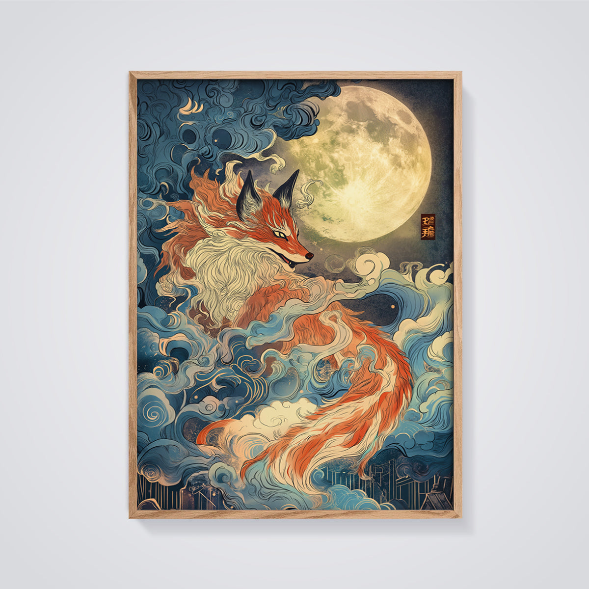 Kitsune Moon Spirit Print framed in oak on a grey background