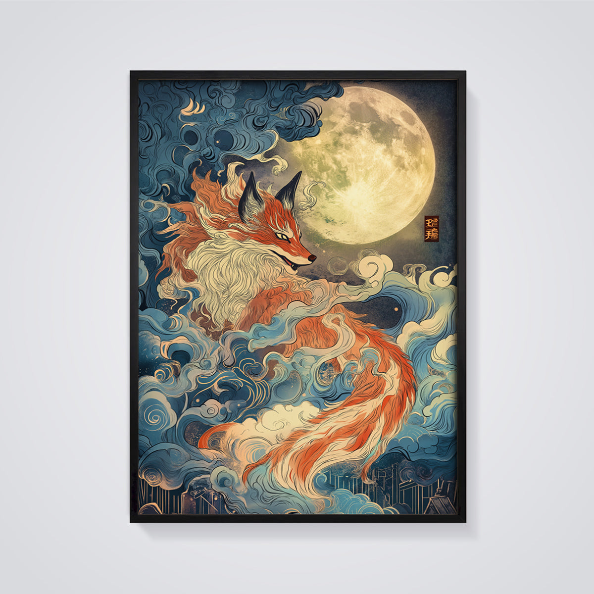 Kitsune Moon Spirit Print framed in black on a grey background
