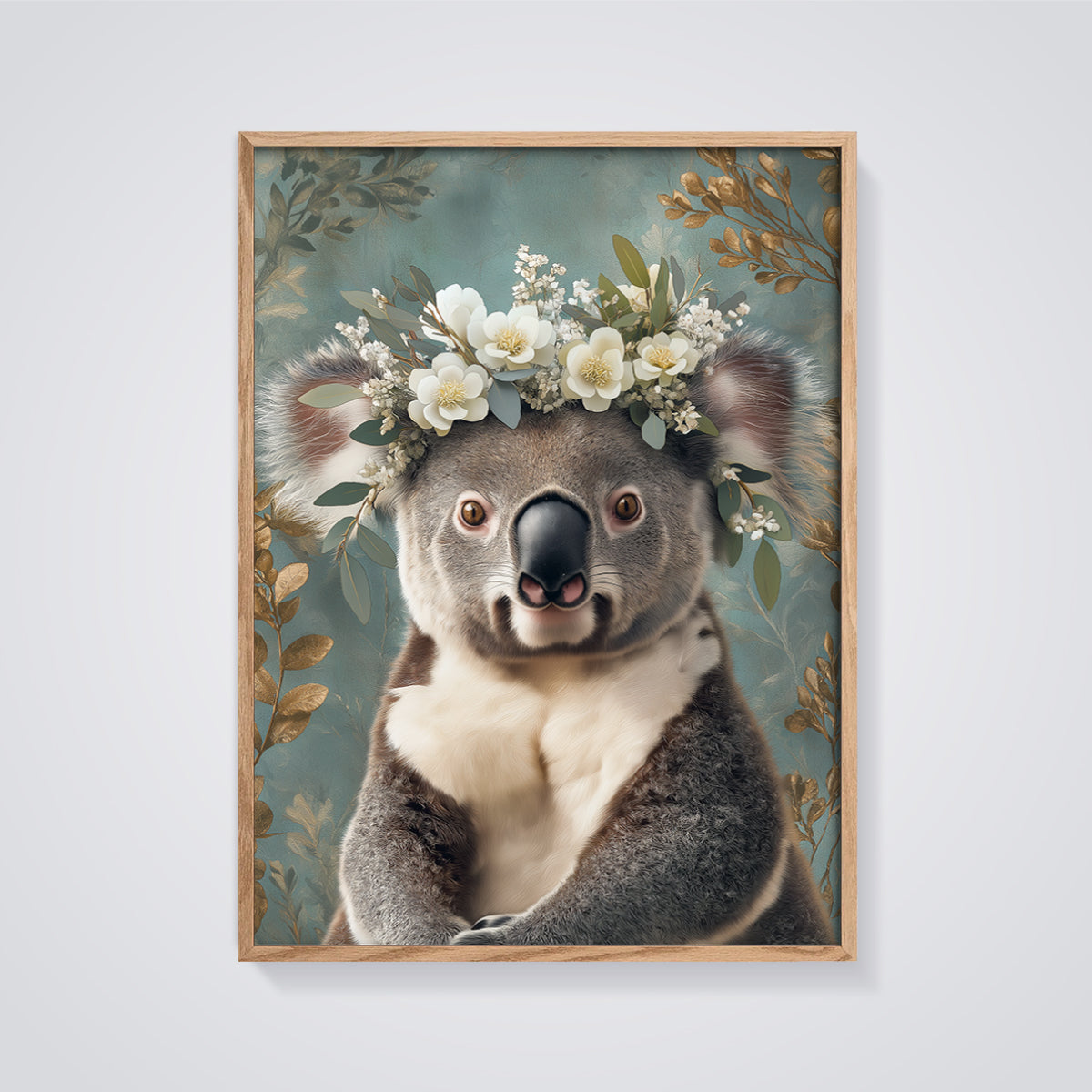 Koala Flower Crown Print framed in oak on a grey background