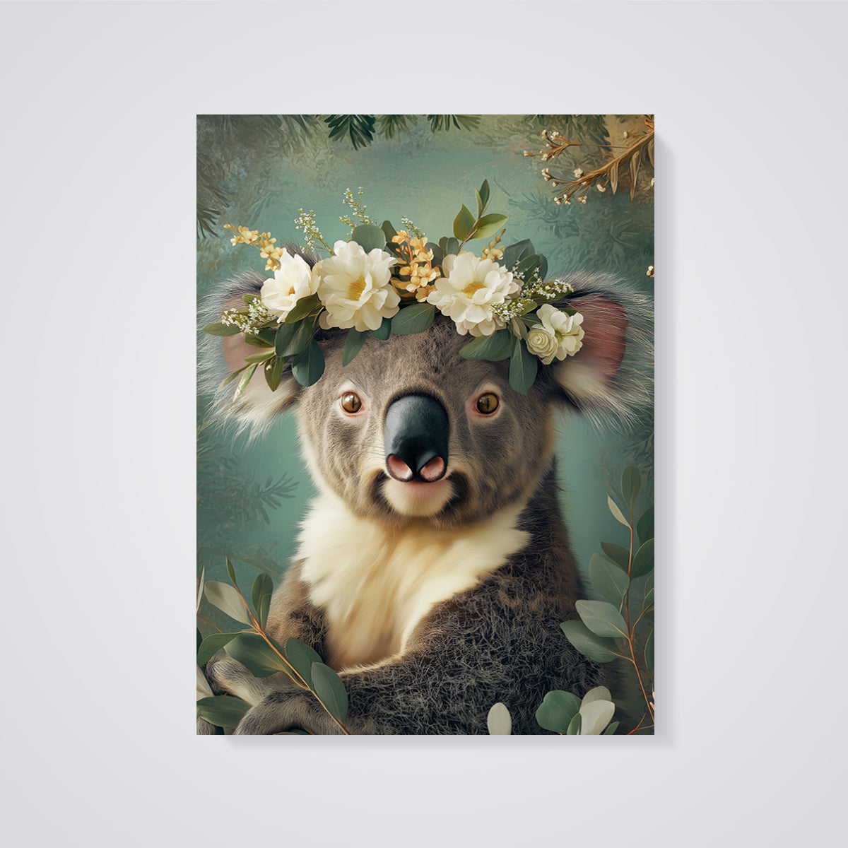 Koala Flower Crown Print Aesthetic unframed on a grey background