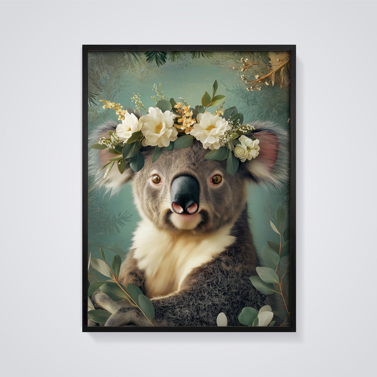 Koala Flower Crown Print Aesthetic framed in black on a grey background