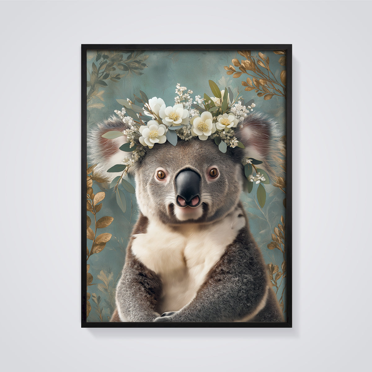 Koala Flower Crown Print framed in black on a grey background