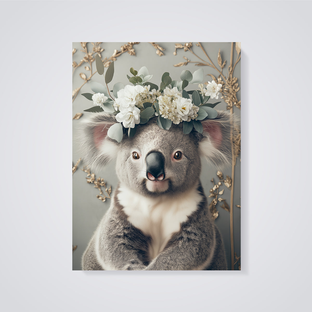Koala with Flower Crown Print unframed on a grey background