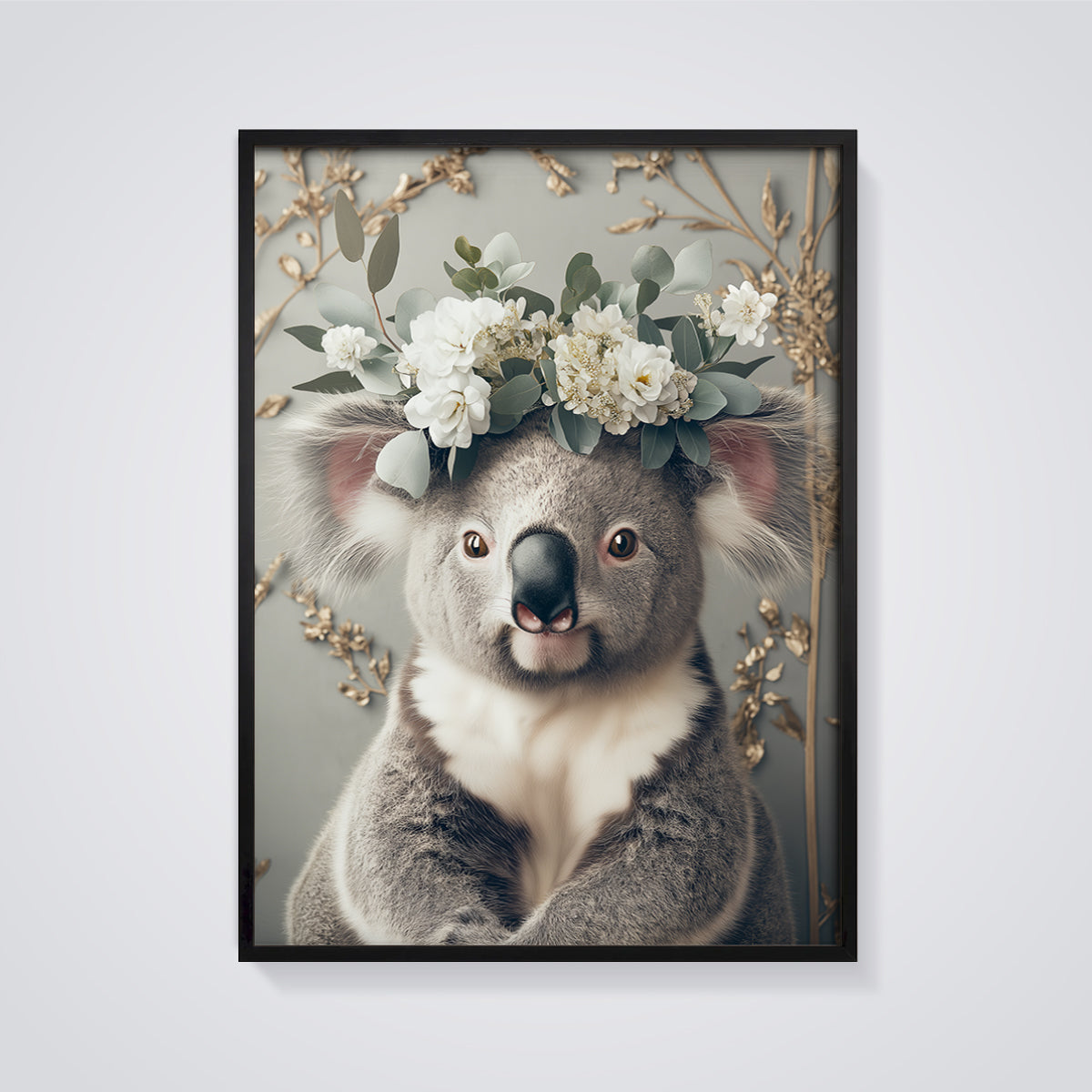 Koala with Flower Crown Print framed in black on a grey background