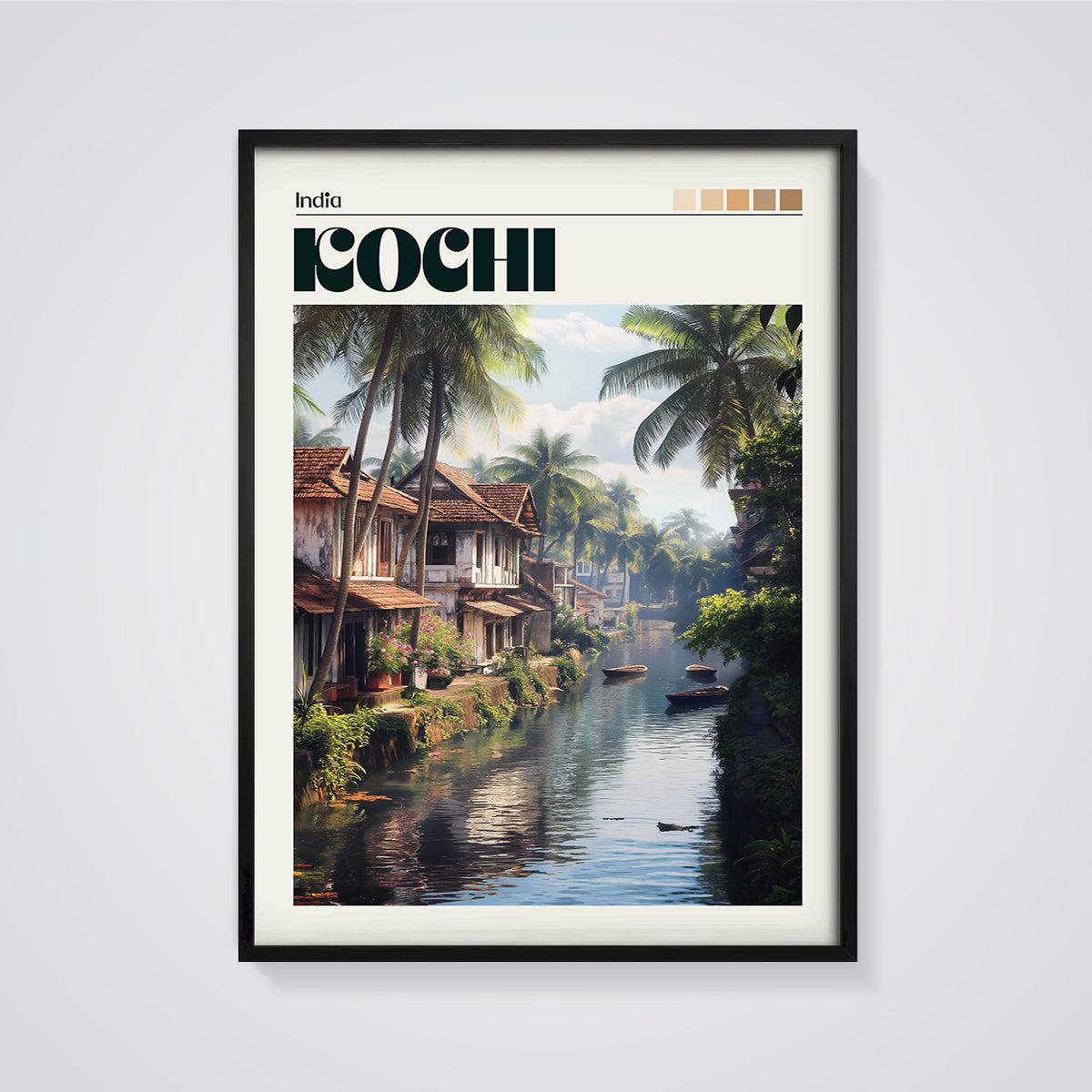 Kochi Backwaters Print framed in black on a grey background