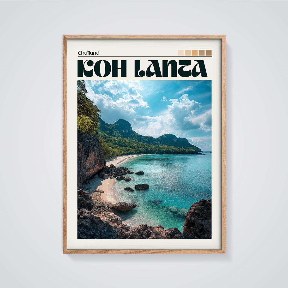 Koh Lanta Thailand Beach Print framed in oak on a grey background