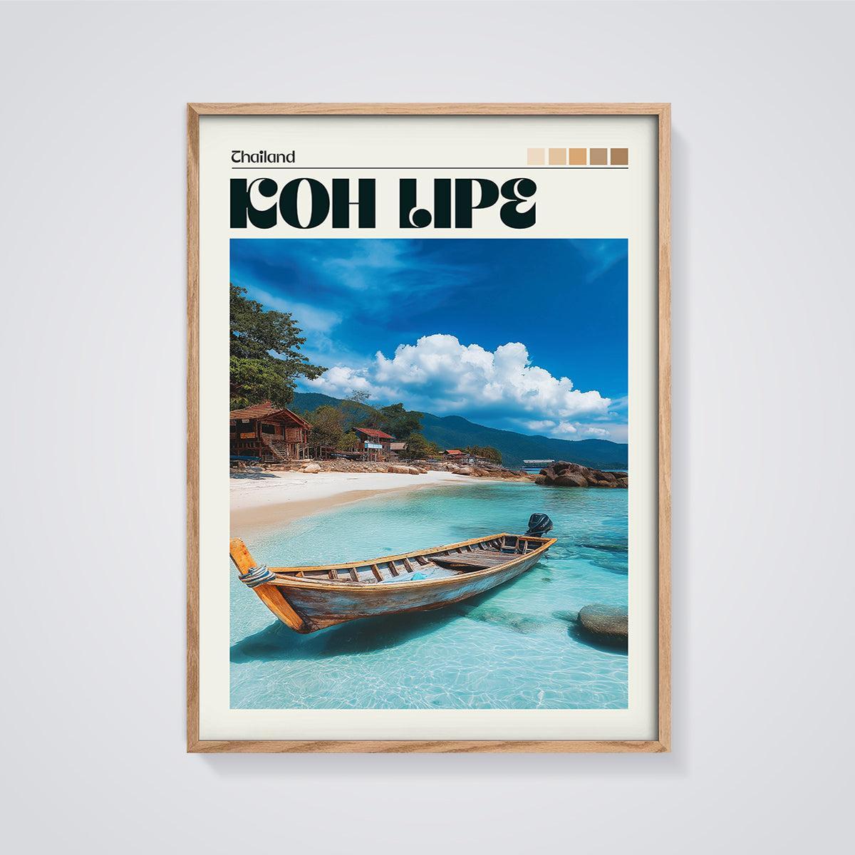 Koh Lipe Thailand Beach Boat Print framed in oak on a grey background