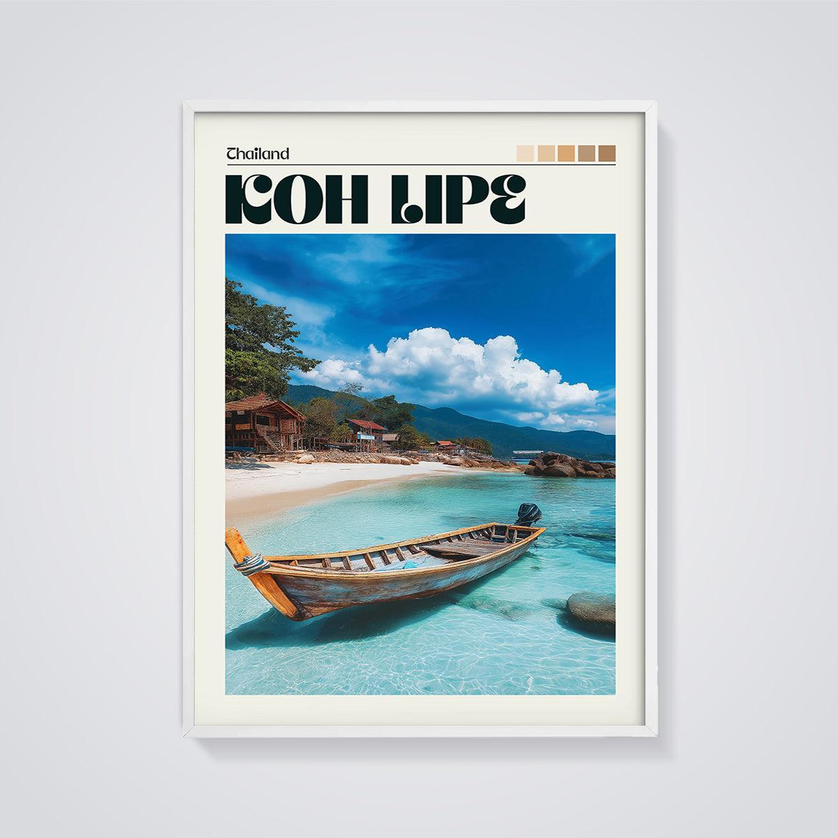 Koh Lipe Thailand Beach Boat Print framed in white on a grey background