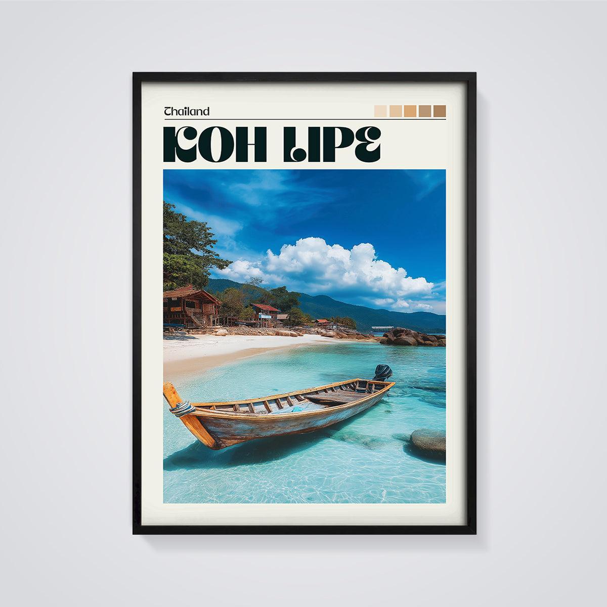 Koh Lipe Thailand Beach Boat Print framed in black on a grey background
