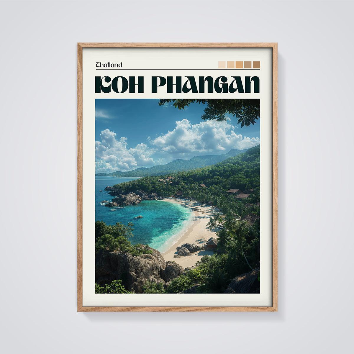 Koh Phangan Tropical Beach Print framed in oak on a grey background